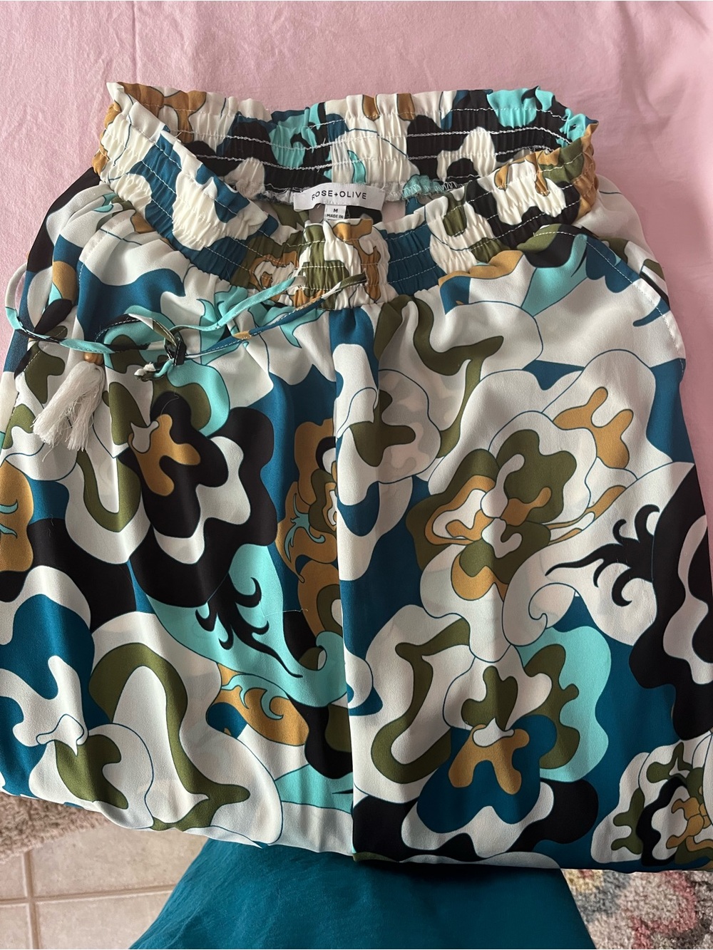 Rose & Olive Teal, Olive, Black & Cream Floral Elastic-Waist wide leg pant